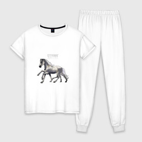 Женская пижама хлопок с принтом Sleipnir в Новосибирске, 100% хлопок | брюки и футболка прямого кроя, без карманов, на брюках мягкая резинка на поясе и по низу штанин | Тематика изображения на принте: horse | sleipnir | конь одина | лошадь | скандинавская мифология | слейпнир