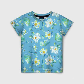 Детская футболка 3D с принтом Цветущие небесные кувшинки в Новосибирске, 100% гипоаллергенный полиэфир | прямой крой, круглый вырез горловины, длина до линии бедер, чуть спущенное плечо, ткань немного тянется | Тематика изображения на принте: кувшинки | лето | цветы