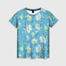 Женская футболка 3D с принтом Цветущие небесные кувшинки в Новосибирске, 100% полиэфир ( синтетическое хлопкоподобное полотно) | прямой крой, круглый вырез горловины, длина до линии бедер | кувшинки | лето | цветы