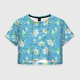 Женская футболка Crop-top 3D с принтом Цветущие небесные кувшинки в Новосибирске, 100% полиэстер | круглая горловина, длина футболки до линии талии, рукава с отворотами | кувшинки | лето | цветы