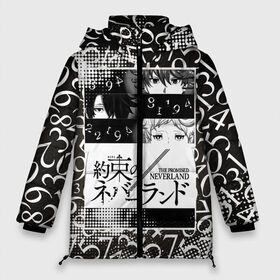 Женская зимняя куртка 3D с принтом Обещанный Неверленд в Новосибирске, верх — 100% полиэстер; подкладка — 100% полиэстер; утеплитель — 100% полиэстер | длина ниже бедра, силуэт Оверсайз. Есть воротник-стойка, отстегивающийся капюшон и ветрозащитная планка. 

Боковые карманы с листочкой на кнопках и внутренний карман на молнии | аниме | обещанный неверленд | страна грез | цифры