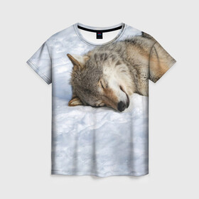 Женская футболка 3D с принтом Спящий Волк в Новосибирске, 100% полиэфир ( синтетическое хлопкоподобное полотно) | прямой крой, круглый вырез горловины, длина до линии бедер | animals | wolf | волк | волки | животные | звери | зверь | одиночество | одиночка | пёс | собака | спящий волк