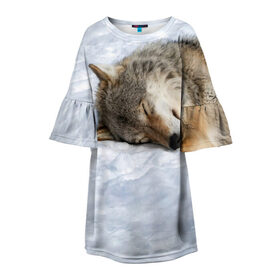 Детское платье 3D с принтом Спящий Волк в Новосибирске, 100% полиэстер | прямой силуэт, чуть расширенный к низу. Круглая горловина, на рукавах — воланы | animals | wolf | волк | волки | животные | звери | зверь | одиночество | одиночка | пёс | собака | спящий волк