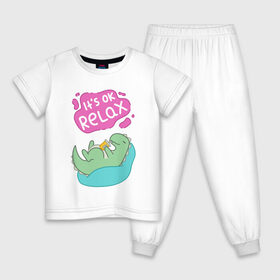 Детская пижама хлопок с принтом Its ok relax в Новосибирске, 100% хлопок |  брюки и футболка прямого кроя, без карманов, на брюках мягкая резинка на поясе и по низу штанин
 | Тематика изображения на принте: relax | вектор | динозавр | динос | нежные цвета | отдых | пастель