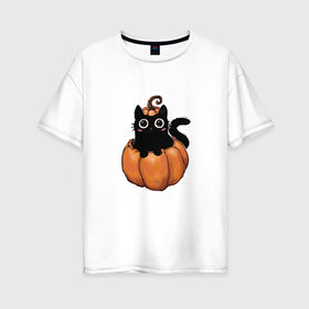 Женская футболка хлопок Oversize с принтом Кот в тыкве в Новосибирске, 100% хлопок | свободный крой, круглый ворот, спущенный рукав, длина до линии бедер
 | котик в тыкве | кошка | милый котенок | тыква | хеллоуин | черный кот