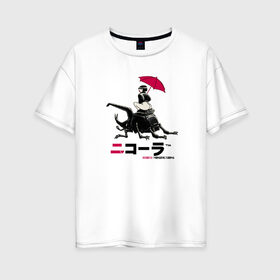 Женская футболка хлопок Oversize с принтом Cyberpunk 2077 Nicola drink в Новосибирске, 100% хлопок | свободный крой, круглый ворот, спущенный рукав, длина до линии бедер
 | bug | cyberpunk 2077 | drink | girl | japan | nicola