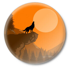 Значок с принтом Оранжевый закат в Новосибирске,  металл | круглая форма, металлическая застежка в виде булавки | animals | wolf | волк | волки | животные | звери | зверь | луна | одиночество | одиночка | пёс | собака