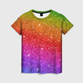 Женская футболка 3D с принтом Блестки радуги в Новосибирске, 100% полиэфир ( синтетическое хлопкоподобное полотно) | прямой крой, круглый вырез горловины, длина до линии бедер | абстракция | блеск | блестки | блестяжки | блестяшки | градиент | радуга | узор | фон | яркий узор