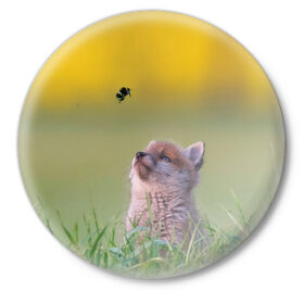 Значок с принтом Лисенок и пчелка в Новосибирске,  металл | круглая форма, металлическая застежка в виде булавки | fox | foxy | животное | звери | лиса | лисенок | лисичка | милая | рыжая | фокс