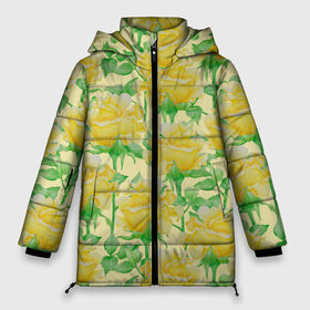 Женская зимняя куртка 3D с принтом Желтые розы на желтом фоне в Новосибирске, верх — 100% полиэстер; подкладка — 100% полиэстер; утеплитель — 100% полиэстер | длина ниже бедра, силуэт Оверсайз. Есть воротник-стойка, отстегивающийся капюшон и ветрозащитная планка. 

Боковые карманы с листочкой на кнопках и внутренний карман на молнии | 8 марта | flowers | summer | ботаническая иллюстрация | весна | желтый | зеленый | лето | листья | любовь | праздник | принт | природа | растения | розы | цветы