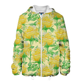 Мужская куртка 3D с принтом Желтые розы на желтом фоне в Новосибирске, ткань верха — 100% полиэстер, подклад — флис | прямой крой, подол и капюшон оформлены резинкой с фиксаторами, два кармана без застежек по бокам, один большой потайной карман на груди. Карман на груди застегивается на липучку | 8 марта | flowers | summer | ботаническая иллюстрация | весна | желтый | зеленый | лето | листья | любовь | праздник | принт | природа | растения | розы | цветы
