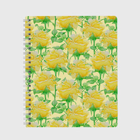 Тетрадь с принтом Желтые розы на желтом фоне в Новосибирске, 100% бумага | 48 листов, плотность листов — 60 г/м2, плотность картонной обложки — 250 г/м2. Листы скреплены сбоку удобной пружинной спиралью. Уголки страниц и обложки скругленные. Цвет линий — светло-серый
 | 8 марта | flowers | summer | ботаническая иллюстрация | весна | желтый | зеленый | лето | листья | любовь | праздник | принт | природа | растения | розы | цветы