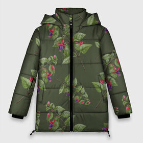 Женская зимняя куртка 3D с принтом Ветки фуксии на темно зеленом в Новосибирске, верх — 100% полиэстер; подкладка — 100% полиэстер; утеплитель — 100% полиэстер | длина ниже бедра, силуэт Оверсайз. Есть воротник-стойка, отстегивающийся капюшон и ветрозащитная планка. 

Боковые карманы с листочкой на кнопках и внутренний карман на молнии | 8 марта | flowers | summer | ботаническая иллюстрация | весна | зеленый | лето | листья | любовь | оливковый | праздник | принт | природа | растения | розовый | фиолетовый | фуксия | цветы