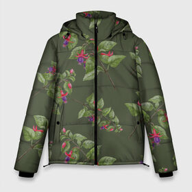Мужская зимняя куртка 3D с принтом Ветки фуксии на темно зеленом в Новосибирске, верх — 100% полиэстер; подкладка — 100% полиэстер; утеплитель — 100% полиэстер | длина ниже бедра, свободный силуэт Оверсайз. Есть воротник-стойка, отстегивающийся капюшон и ветрозащитная планка. 

Боковые карманы с листочкой на кнопках и внутренний карман на молнии. | 8 марта | flowers | summer | ботаническая иллюстрация | весна | зеленый | лето | листья | любовь | оливковый | праздник | принт | природа | растения | розовый | фиолетовый | фуксия | цветы