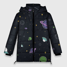 Женская зимняя куртка 3D с принтом Space в Новосибирске, верх — 100% полиэстер; подкладка — 100% полиэстер; утеплитель — 100% полиэстер | длина ниже бедра, силуэт Оверсайз. Есть воротник-стойка, отстегивающийся капюшон и ветрозащитная планка. 

Боковые карманы с листочкой на кнопках и внутренний карман на молнии | звезды | комета | метеориты | нло | планеты | пришелец