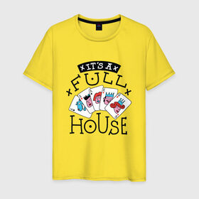 Мужская футболка хлопок с принтом Фулл Хаус покерная семья в Новосибирске, 100% хлопок | прямой крой, круглый вырез горловины, длина до линии бедер, слегка спущенное плечо. | flash royal | full house | poker | trump | дочь | игра слов | игрательные | иллюстрация | карта | картишки | карты | козыри | козырные | королева | король | мама | папа | покер | полный дом | прикол | рисунок | семья