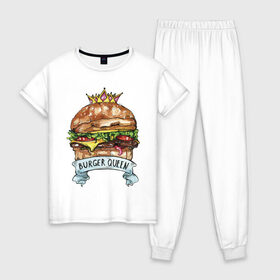 Женская пижама хлопок с принтом Burger queen в Новосибирске, 100% хлопок | брюки и футболка прямого кроя, без карманов, на брюках мягкая резинка на поясе и по низу штанин | burger | burger queen | бургер | бургер с короной | еда