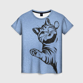 Женская футболка 3D с принтом Улыбающийся кот в Новосибирске, 100% полиэфир ( синтетическое хлопкоподобное полотно) | прямой крой, круглый вырез горловины, длина до линии бедер | cat | веселый | дай | картинки | кот | котенок | котик | котики | котяра | кошечка | кошка | красивый | лапки | лапу | лапы | милый | подмигивает | рисунок | смешной | улыбающийся | усы | хороший