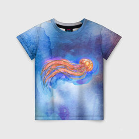 Детская футболка 3D с принтом Медуза акварелью в Новосибирске, 100% гипоаллергенный полиэфир | прямой крой, круглый вырез горловины, длина до линии бедер, чуть спущенное плечо, ткань немного тянется | акварель | медуза | море | морская | океан | оранжевый | рисунок | синий