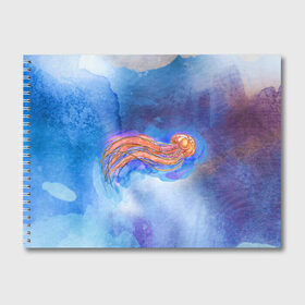 Альбом для рисования с принтом Медуза акварелью в Новосибирске, 100% бумага
 | матовая бумага, плотность 200 мг. | акварель | медуза | море | морская | океан | оранжевый | рисунок | синий