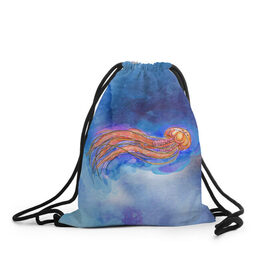 Рюкзак-мешок 3D с принтом Медуза акварелью в Новосибирске, 100% полиэстер | плотность ткани — 200 г/м2, размер — 35 х 45 см; лямки — толстые шнурки, застежка на шнуровке, без карманов и подкладки | акварель | медуза | море | морская | океан | оранжевый | рисунок | синий