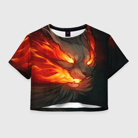 Женская футболка Crop-top 3D с принтом Пламенный лев Inferno в Новосибирске, 100% полиэстер | круглая горловина, длина футболки до линии талии, рукава с отворотами | 