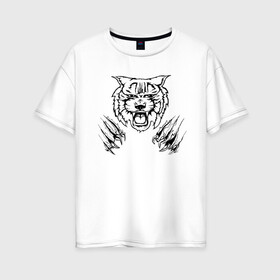 Женская футболка хлопок Oversize с принтом Дикая кошка в Новосибирске, 100% хлопок | свободный крой, круглый ворот, спущенный рукав, длина до линии бедер
 | animal | cat | lion | tiger | голова | животное | животные | зверь | киса | клыки | когти | кошка | лев | тигр | хищник