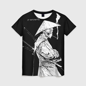 Женская футболка 3D с принтом Самурай скелет с трубкой в Новосибирске, 100% полиэфир ( синтетическое хлопкоподобное полотно) | прямой крой, круглый вырез горловины, длина до линии бедер | Тематика изображения на принте: ninja | samurai | shogun | бусидо путь воина | ниндзя | путь самурая | самурай | сёгун | скелет | харакири | японский самурай