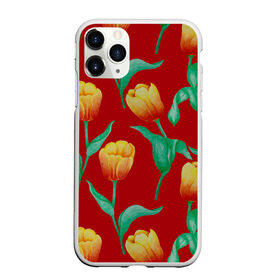 Чехол для iPhone 11 Pro Max матовый с принтом Тюльпаны на красном фоне в Новосибирске, Силикон |  | 8 марта | flowers | summer | ботаническая иллюстрация | весна | желтый | зеленый | красный | лето | любовь | праздник | принт | природа | растения | тюльпаны | цветы