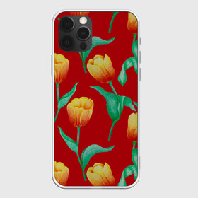 Чехол для iPhone 12 Pro Max с принтом Тюльпаны на красном фоне в Новосибирске, Силикон |  | 8 марта | flowers | summer | ботаническая иллюстрация | весна | желтый | зеленый | красный | лето | любовь | праздник | принт | природа | растения | тюльпаны | цветы