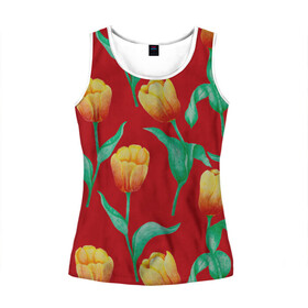 Женская майка 3D с принтом Тюльпаны на красном фоне в Новосибирске, 100% полиэстер | круглая горловина, прямой силуэт, длина до линии бедра | 8 марта | flowers | summer | ботаническая иллюстрация | весна | желтый | зеленый | красный | лето | любовь | праздник | принт | природа | растения | тюльпаны | цветы