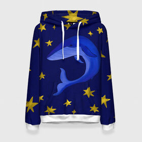 Женская толстовка 3D с принтом Звездный кит в Новосибирске, 100% полиэстер  | двухслойный капюшон со шнурком для регулировки, мягкие манжеты на рукавах и по низу толстовки, спереди карман-кенгуру с мягким внутренним слоем. | звезды | золотые | кит | ночное небо | синий | созвездие