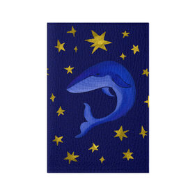 Обложка для паспорта матовая кожа с принтом Звездный кит в Новосибирске, натуральная матовая кожа | размер 19,3 х 13,7 см; прозрачные пластиковые крепления | звезды | золотые | кит | ночное небо | синий | созвездие