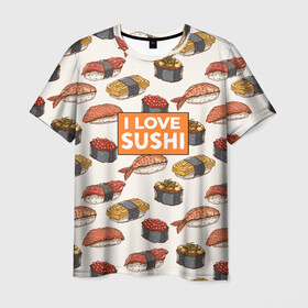 Мужская футболка 3D с принтом I love sushi Я люблю суши в Новосибирске, 100% полиэфир | прямой крой, круглый вырез горловины, длина до линии бедер | Тематика изображения на принте: japan | japanese | виды суши | гункан | гунканы | икра | красная икра | красная рыба | креветка | лосось | маки | нигири | омлет | паттерн | ролл | роллы | сашими | суси | узор | фастфуд | форель | футомаки