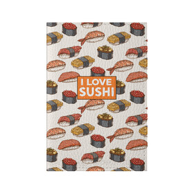 Обложка для паспорта матовая кожа с принтом I love sushi Я люблю суши в Новосибирске, натуральная матовая кожа | размер 19,3 х 13,7 см; прозрачные пластиковые крепления | Тематика изображения на принте: japan | japanese | виды суши | гункан | гунканы | икра | красная икра | красная рыба | креветка | лосось | маки | нигири | омлет | паттерн | ролл | роллы | сашими | суси | узор | фастфуд | форель | футомаки