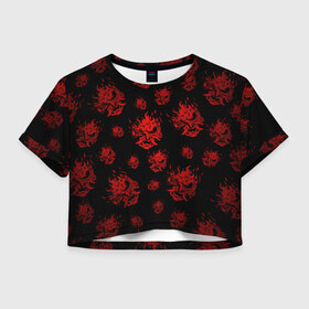 Женская футболка Crop-top 3D с принтом RED SAMURAI PATTERN в Новосибирске, 100% полиэстер | круглая горловина, длина футболки до линии талии, рукава с отворотами | Тематика изображения на принте: 2019 | cd project red | cyberpunk 2077 | cyberpunk fashion | hacker | keanu reeves | maelstrom | militech | night city | quadra | samurai | samurai cyberpunk 2077 | sci fi | trauma team | v | ви | киану ривз | киберпанк 2077 | логотип | роботы | 