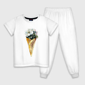 Детская пижама хлопок с принтом Мороженко в Новосибирске, 100% хлопок |  брюки и футболка прямого кроя, без карманов, на брюках мягкая резинка на поясе и по низу штанин
 | Тематика изображения на принте: акварель | букет | мороженое | цветы