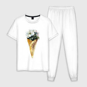 Мужская пижама хлопок с принтом Мороженко в Новосибирске, 100% хлопок | брюки и футболка прямого кроя, без карманов, на брюках мягкая резинка на поясе и по низу штанин
 | Тематика изображения на принте: акварель | букет | мороженое | цветы