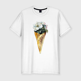 Мужская футболка хлопок Slim с принтом Мороженко в Новосибирске, 92% хлопок, 8% лайкра | приталенный силуэт, круглый вырез ворота, длина до линии бедра, короткий рукав | Тематика изображения на принте: акварель | букет | мороженое | цветы