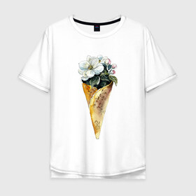 Мужская футболка хлопок Oversize с принтом Мороженко в Новосибирске, 100% хлопок | свободный крой, круглый ворот, “спинка” длиннее передней части | акварель | букет | мороженое | цветы