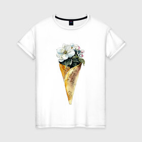 Женская футболка хлопок с принтом Мороженко в Новосибирске, 100% хлопок | прямой крой, круглый вырез горловины, длина до линии бедер, слегка спущенное плечо | акварель | букет | мороженое | цветы
