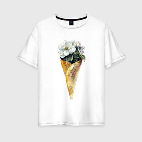 Женская футболка хлопок Oversize с принтом Мороженко в Новосибирске, 100% хлопок | свободный крой, круглый ворот, спущенный рукав, длина до линии бедер
 | Тематика изображения на принте: акварель | букет | мороженое | цветы