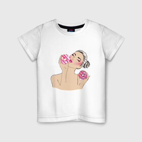 Детская футболка хлопок с принтом Моя любовь-пончики в Новосибирске, 100% хлопок | круглый вырез горловины, полуприлегающий силуэт, длина до линии бедер | вкусно | девушка | пончик | сладости