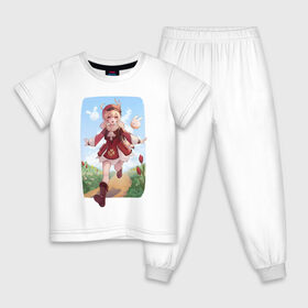 Детская пижама хлопок с принтом Кли на прогулке в Новосибирске, 100% хлопок |  брюки и футболка прямого кроя, без карманов, на брюках мягкая резинка на поясе и по низу штанин
 | Тематика изображения на принте: аниме девочка | аниме девушка | арт | бомбочки | девочка | девушка | кли | красные цветы | красный цветок | поле | прогулка | рисунок | цветок | цветы