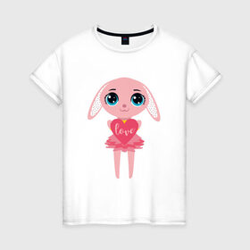 Женская футболка хлопок с принтом Зайчик с сердечком в Новосибирске, 100% хлопок | прямой крой, круглый вырез горловины, длина до линии бедер, слегка спущенное плечо | love | rabbit | зайка | зайчик | кролик | любовь | сердечко