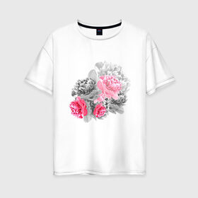 Женская футболка хлопок Oversize с принтом Букет в Новосибирске, 100% хлопок | свободный крой, круглый ворот, спущенный рукав, длина до линии бедер
 | акварель | девушка | нежность | пионы | цветы