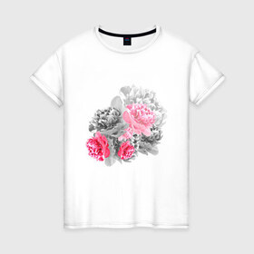 Женская футболка хлопок с принтом Букет в Новосибирске, 100% хлопок | прямой крой, круглый вырез горловины, длина до линии бедер, слегка спущенное плечо | акварель | девушка | нежность | пионы | цветы
