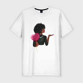 Мужская футболка хлопок Slim с принтом Девушка с шариком в Новосибирске, 92% хлопок, 8% лайкра | приталенный силуэт, круглый вырез ворота, длина до линии бедра, короткий рукав | Тематика изображения на принте: анфас | афро | любовь | ня | ожерелье