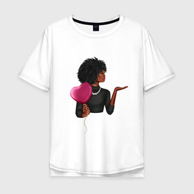 Мужская футболка хлопок Oversize с принтом Девушка с шариком в Новосибирске, 100% хлопок | свободный крой, круглый ворот, “спинка” длиннее передней части | Тематика изображения на принте: анфас | афро | любовь | ня | ожерелье
