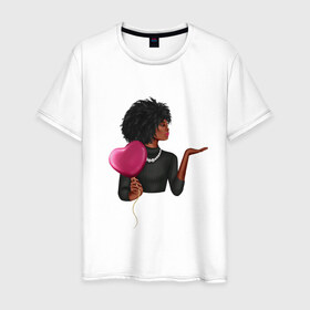 Мужская футболка хлопок с принтом Девушка с шариком в Новосибирске, 100% хлопок | прямой крой, круглый вырез горловины, длина до линии бедер, слегка спущенное плечо. | анфас | афро | любовь | ня | ожерелье
